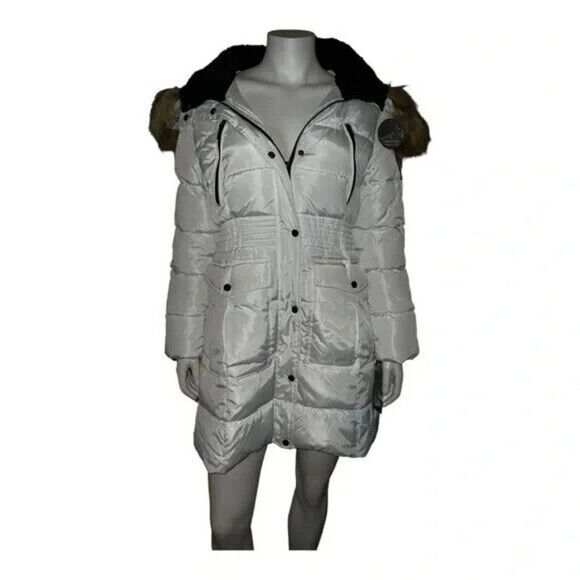Steve Madden Juniors Faux-Fur-Trim Hooded White Puffer Coat Small New - Picture 2 of 9